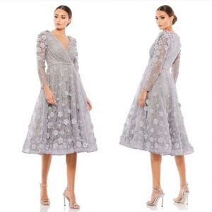 Mac Duggal Floral Sterling Silver Lace A-Line Tea Length Cocktail Dress Size 14